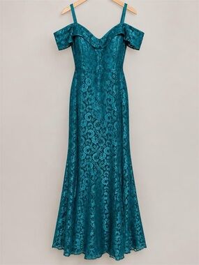 R&M Richards Teal Lace Maxi Dress with Off-Shoulder Sleeves